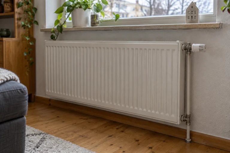 Weißer Plattenheizkörper mit Thermostatventil unter einem Fenster in einer Wohnung.