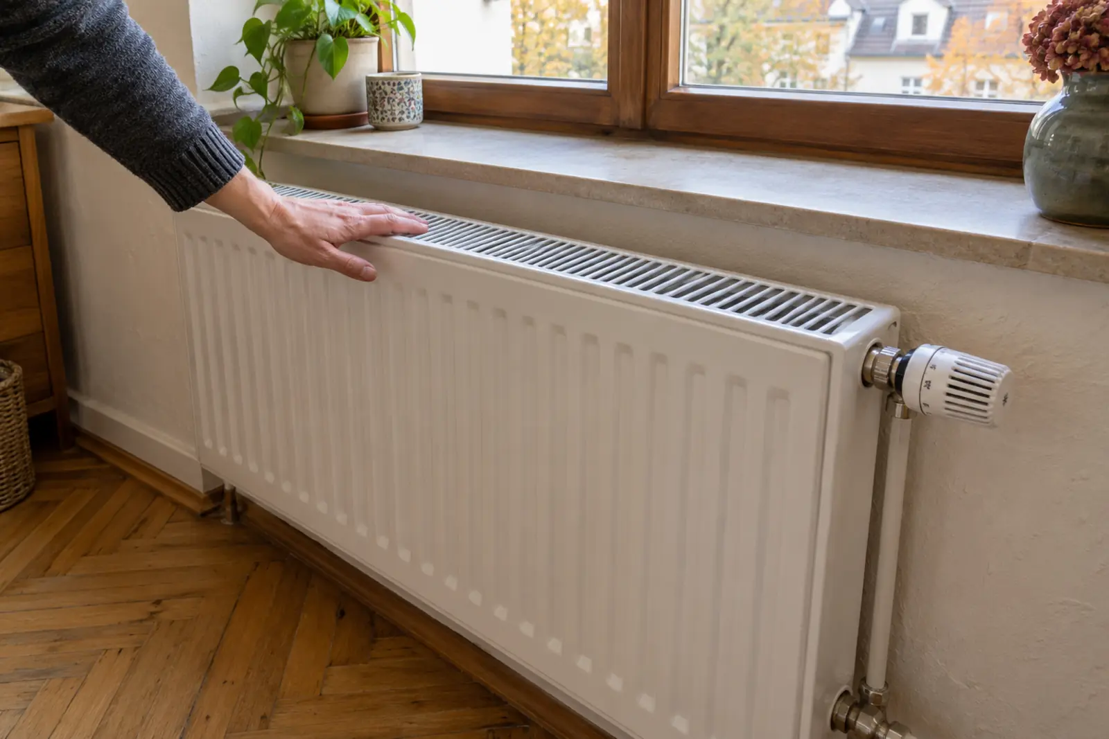Hand prüft die Oberseite eines weißen Plattenheizkörpers unter einem Fenster.